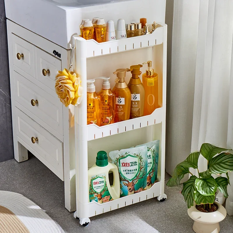 Cream Style Kitchen Hidden Seam Storage Rack Refrigerator Dream Back Seam Storage Cabinet Bathroom Movable Wheeled Storage Rack