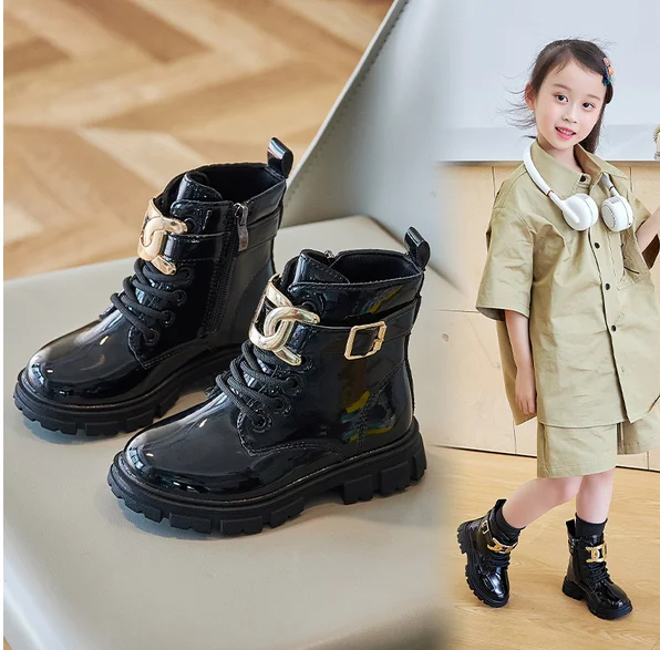 New Children Casual Shoes Kids Fashion Girls Ankle Boots Chains Glossy Non-slip Versatile Simple Side Zipper Catwalk Shoes PU