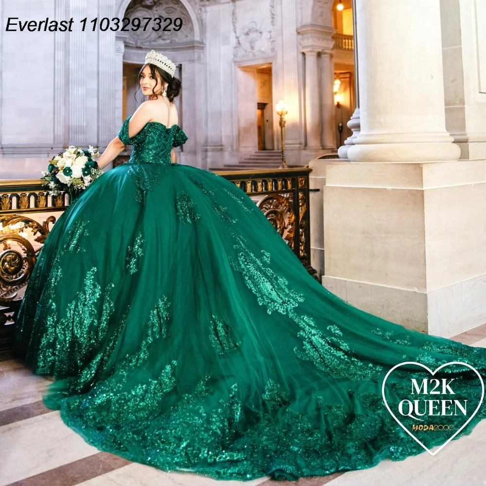 EVLAST Customized Green Quinceanera Dress Ball Gown Shiny Lace Applique Beaded Mexico Corset Sweet 16 Vestidos De 15 Anos TQD791