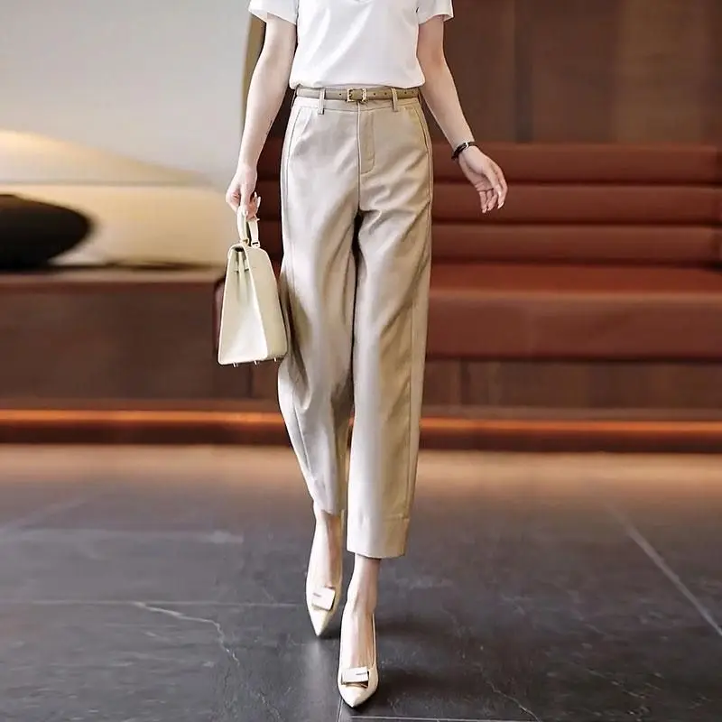 Women\'s Solid Color High Waist Zipper Button Straight Spring and Autumn New Loose Pocket Business All Match Formal Crop Pants