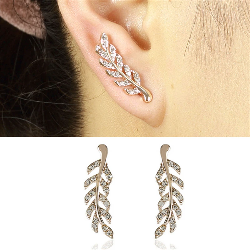 2024 New Crystal Feather Stud Earrings for Women Gold Color Silver Color Leaf Shape Girls Small Earrings Fashion Ear Jewelry