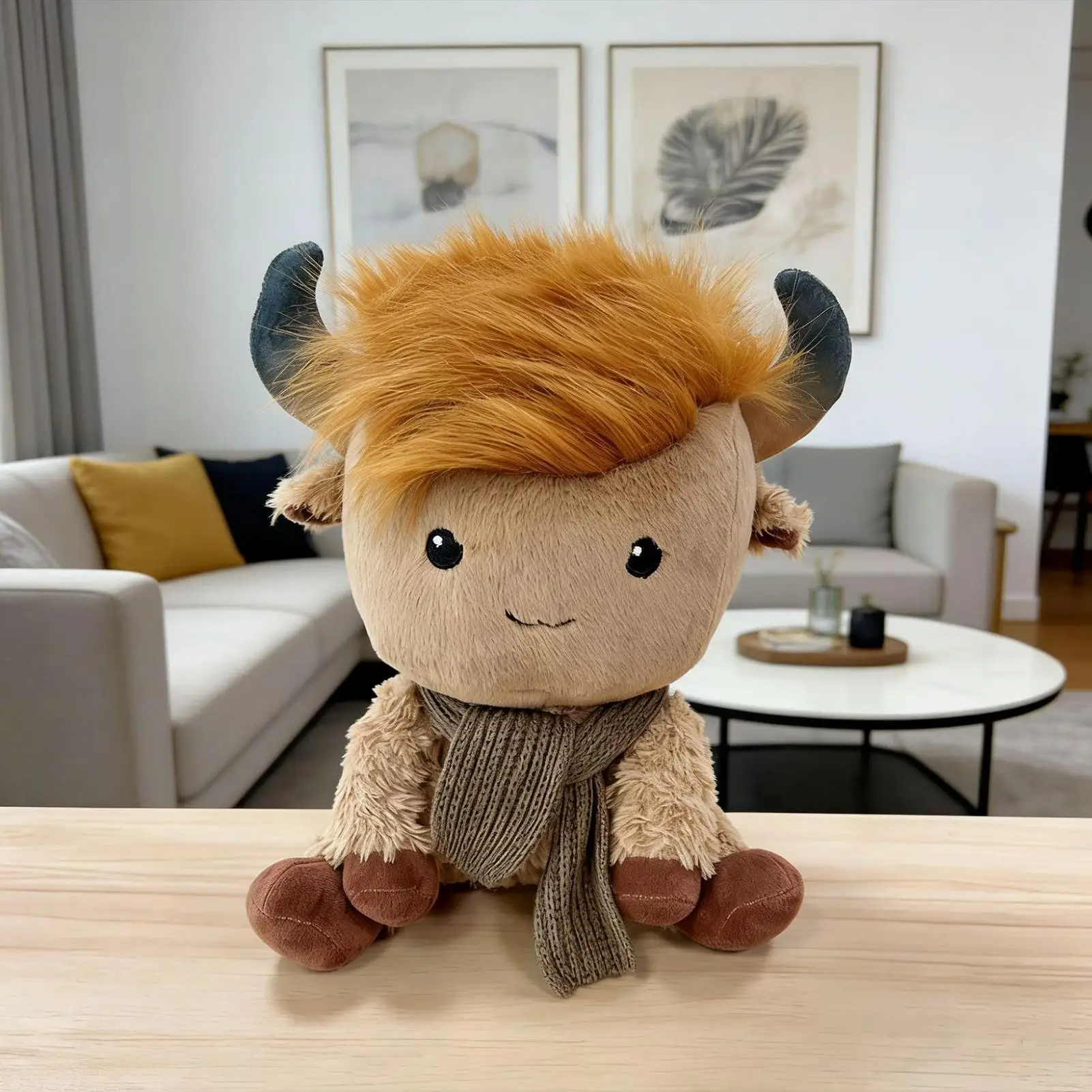 ตุ๊กตาวัวนุ่มนิ่ม หมอนอิงอารมณ์ดี พร้อมผ้าพันคอและผมปรับได้ ตุ๊กตาวัวขนนุ่มสำหรับเด็ก ของขวัญวันเกิด