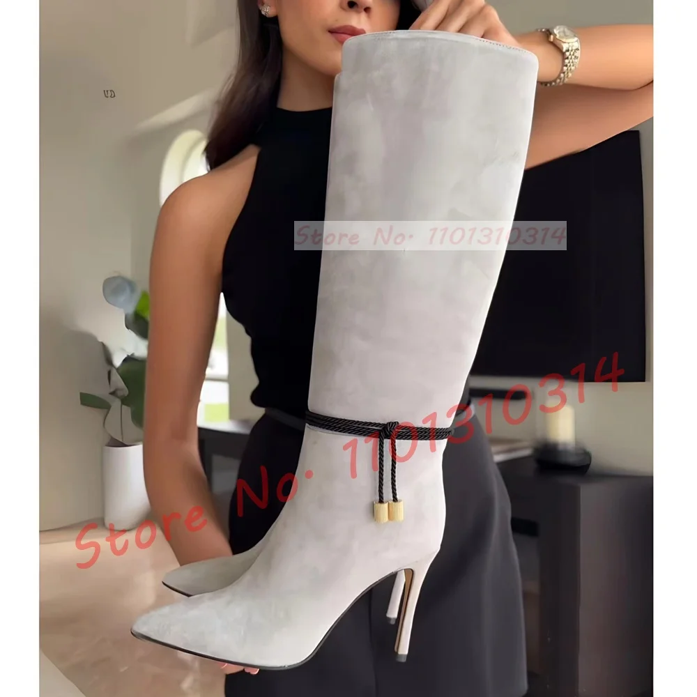 Elegant Grey Suede Knee High Boots Women Fashion Comfortable Stiletto Heel Shoes Ladies Streetwear Ankle Cross String Boots