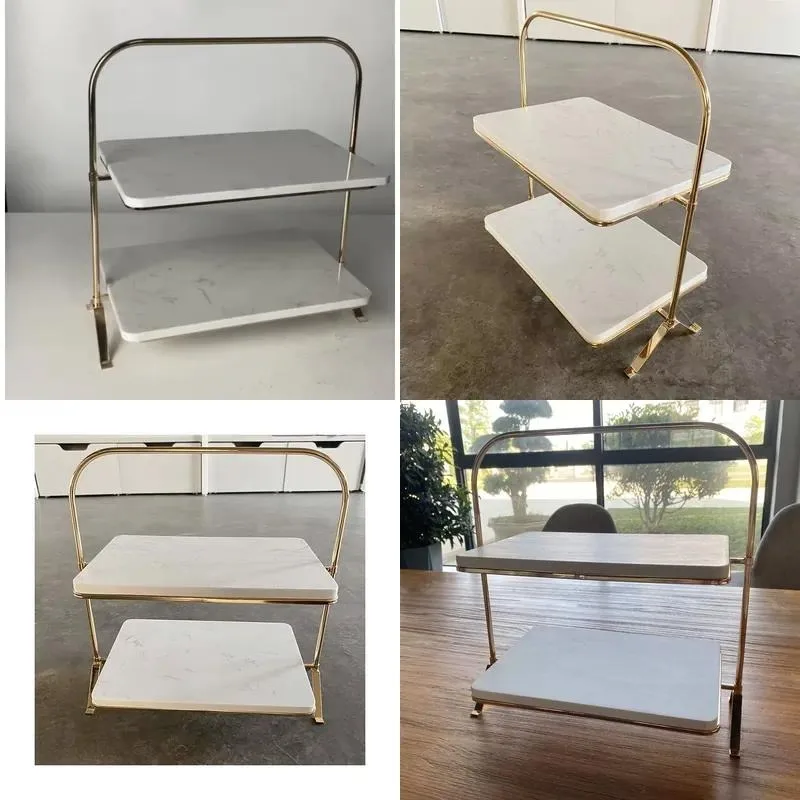 Luxury Christmas Marble Cake Stand 2 Tier White Display Tray with Gold Handle for Wedding Party Dessert Serving Platter Decor
