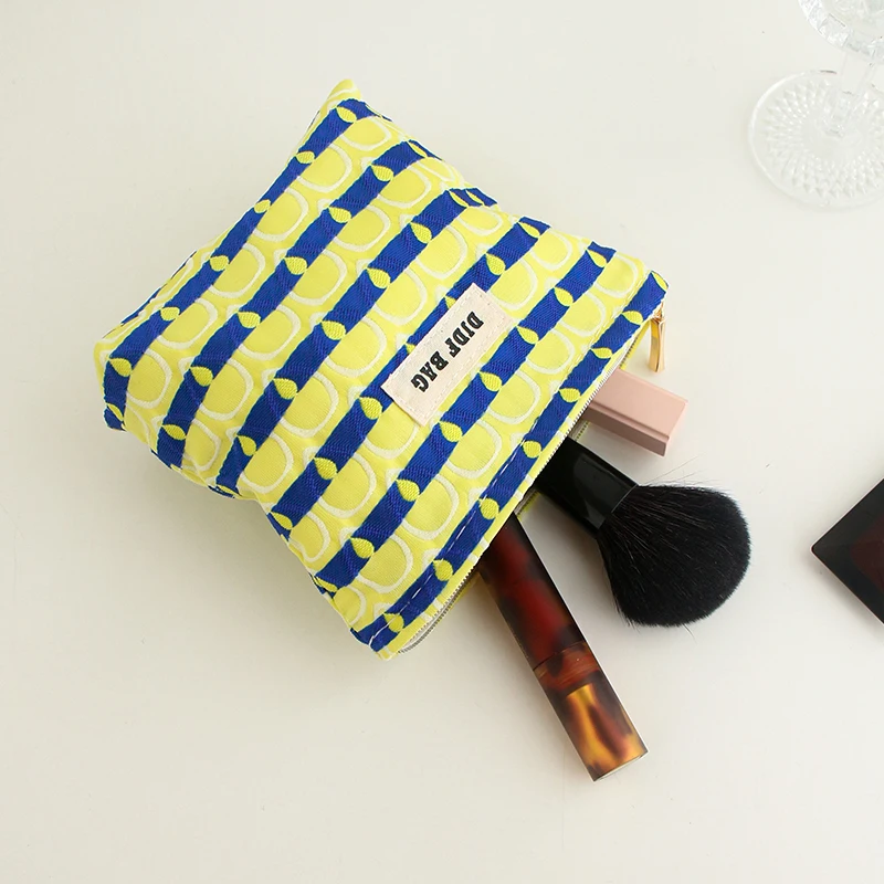 DJDF Yellow Striped Women\'s Cosmetic Bag Small Soft Double Canvas Portable Storage Bag Zipper Design Toiletry Bag Coin Purse Ins