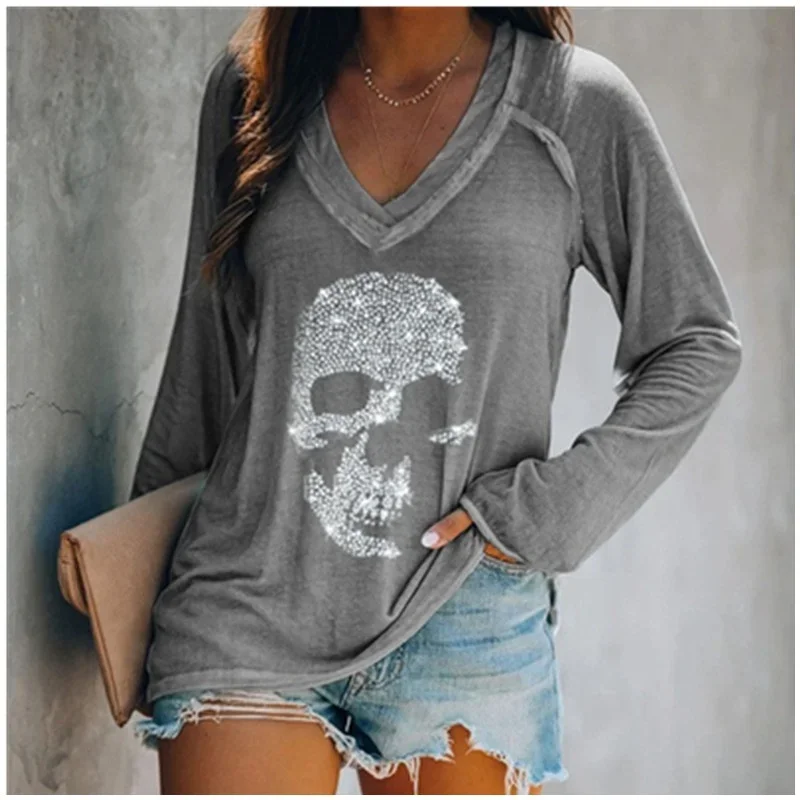 Womens Autumn Winter Fashion Clothes Casual Long Sleeved T-shirt Loose Skull Printed Blouse Ladies V-neck Shirts Cotton Tops