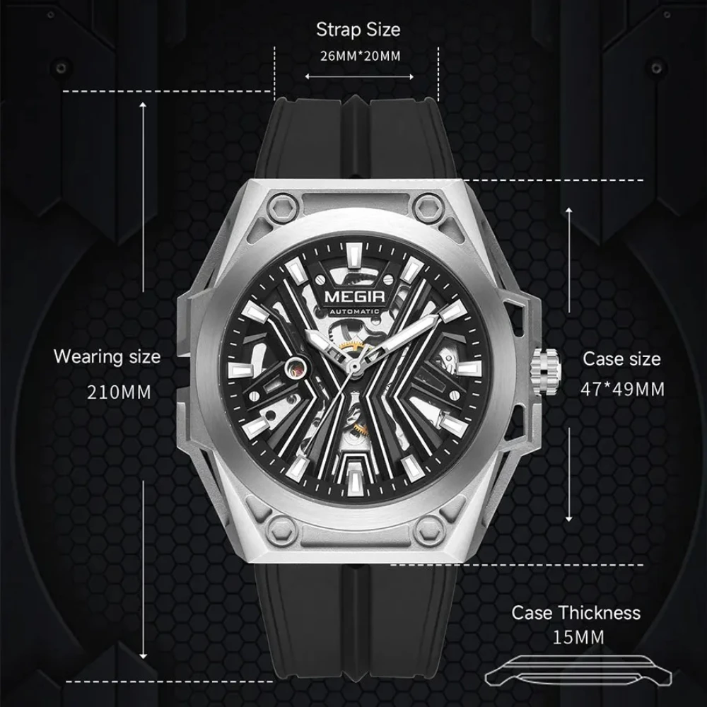 MEGIR 8603 Fashion Automatical Watch for Men Military Sport Waterproof Mechanical Skeleton Dial Silicone Strap Watches for Man