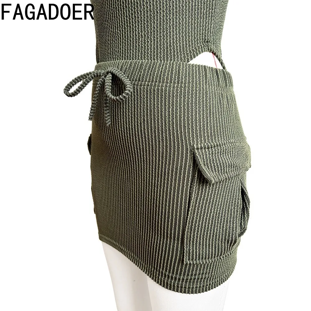 FAGADOER Summer Solid Color Ribber Bodysuits Two Piece Sets Women Round Neck Sleeveless Slim Top And Mini Pocket Skirts Outfits