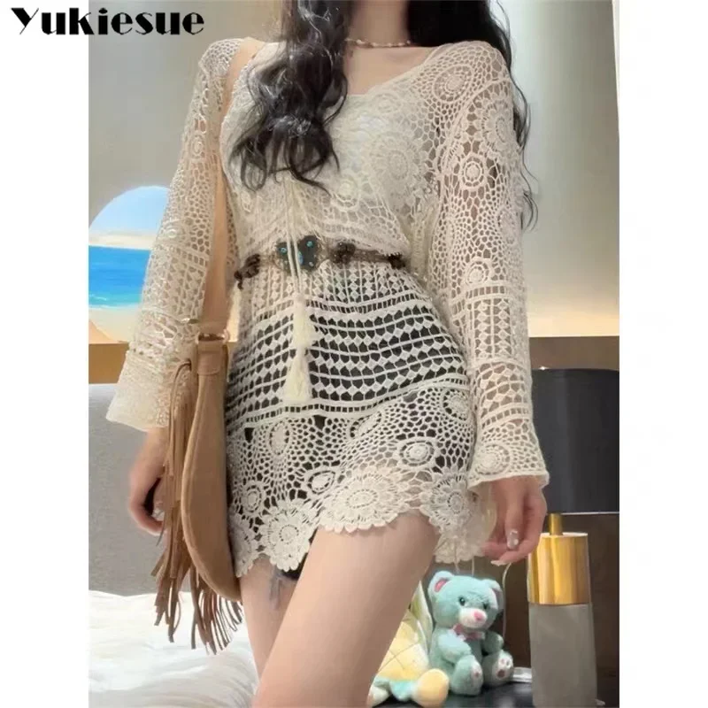 Retro Hollow Sun Protection Knitted Top for Women's Summer Long Sleeve Sweet Spicy Mid length Top with belt