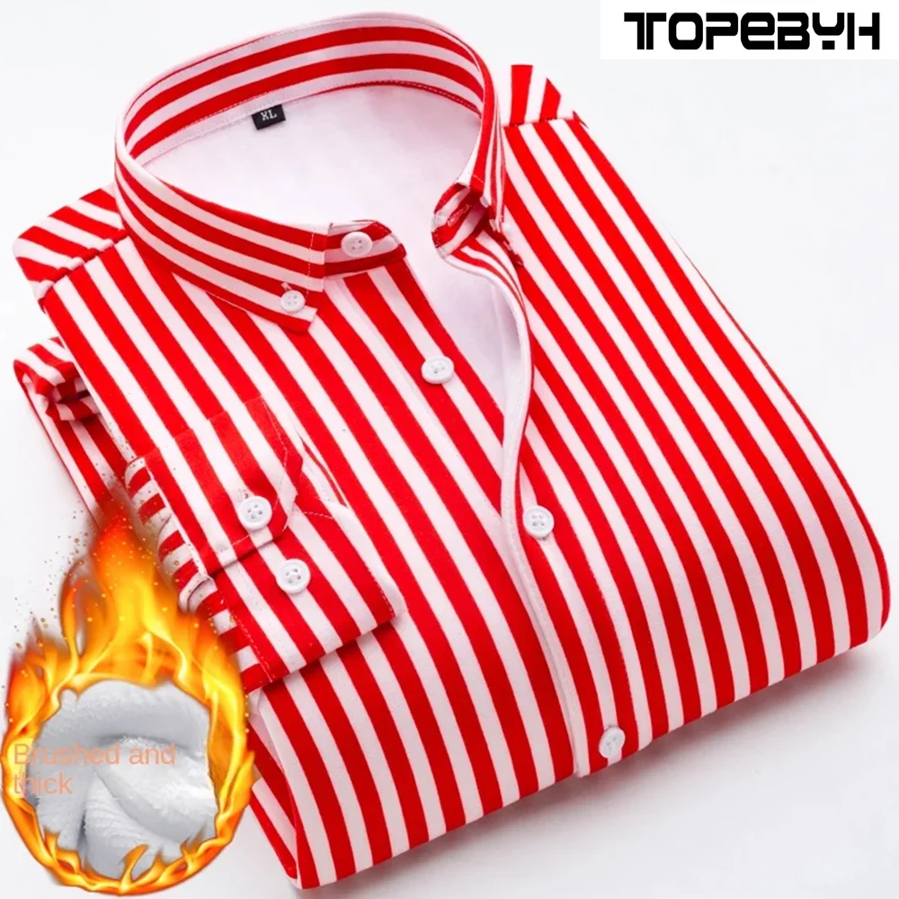 

Men's Plush and Thicken Warm Long-Sleeve Striped Shirt Men Slim Business Casual High Quality Shirt