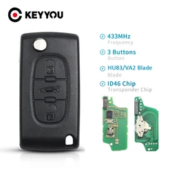 KEYYOU 3 Buttons Complete Remote Car Flip Folding Key For Peugeot 307 407 308 607 433MHz Electronic ID46 Chip VA2 Blade CE0536