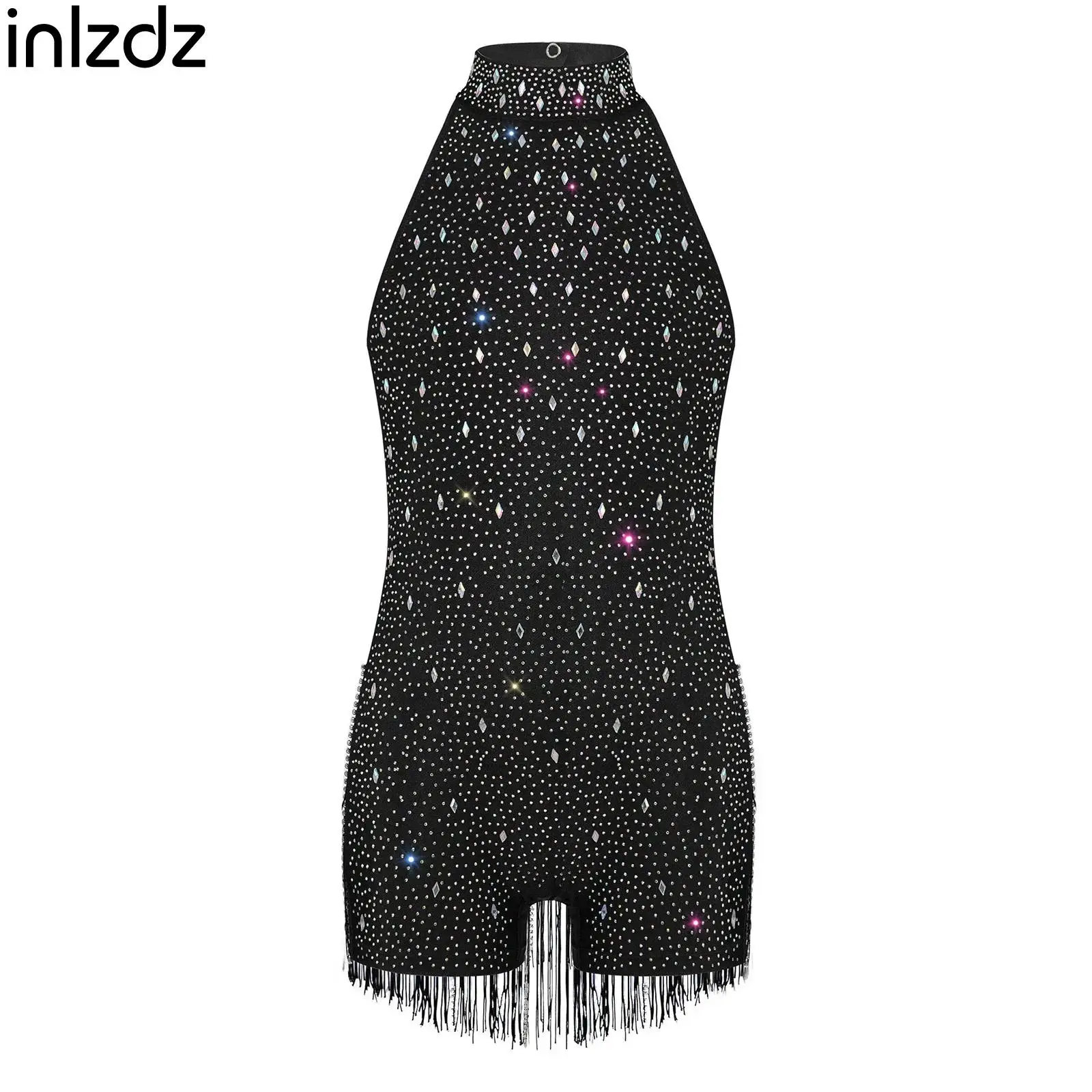 

Kids Girls Jazz Latin Ballet Dance Fringed Jumpsuit Halter Sleeveless Rhinestones Bodysuit Teen Gymnastics Skating Dance Costume
