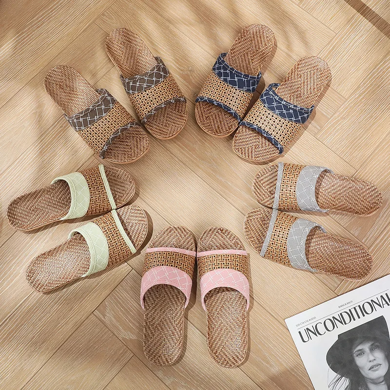 Weaving Rattan Grass Slippers, Breathable Wooden Flooring, Couple's Home, Linen Slippers, Female Indoor  Woven Bamboo Slippers