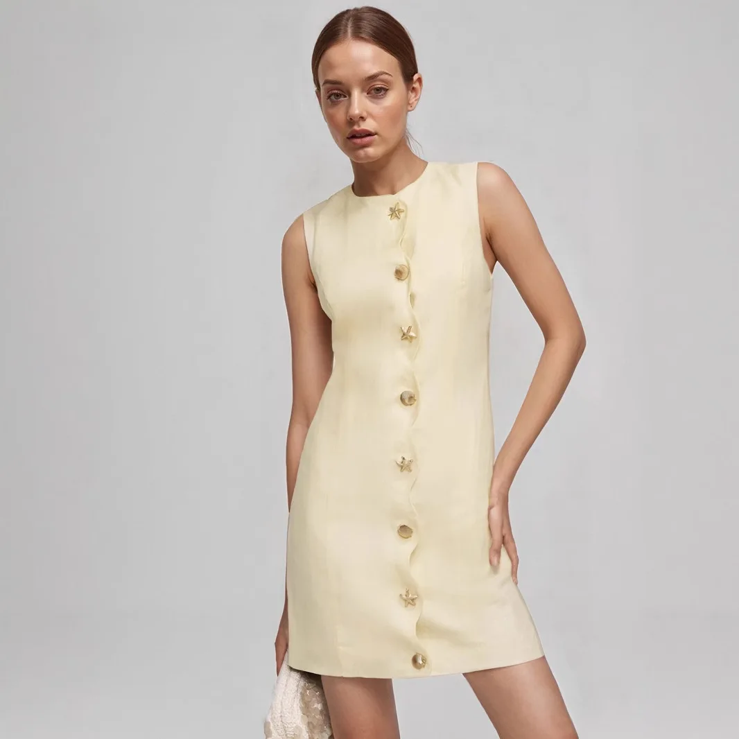 

Elegant Solid Single Breasted Mini Dress Women Chic Sleeveless A-line Slim Dress 2025 New Lady O-Neck Party Dresses
