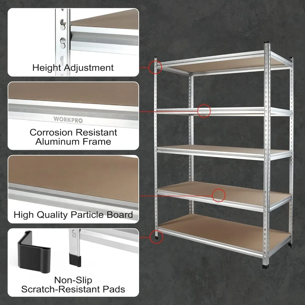 Unit rak penyimpanan 5 tingkat, 48 "W x 24" D x 72 "H, rak penyimpanan tugas berat rak paduan aluminium yang dapat disesuaikan, kapasitas beban 2750 lbs