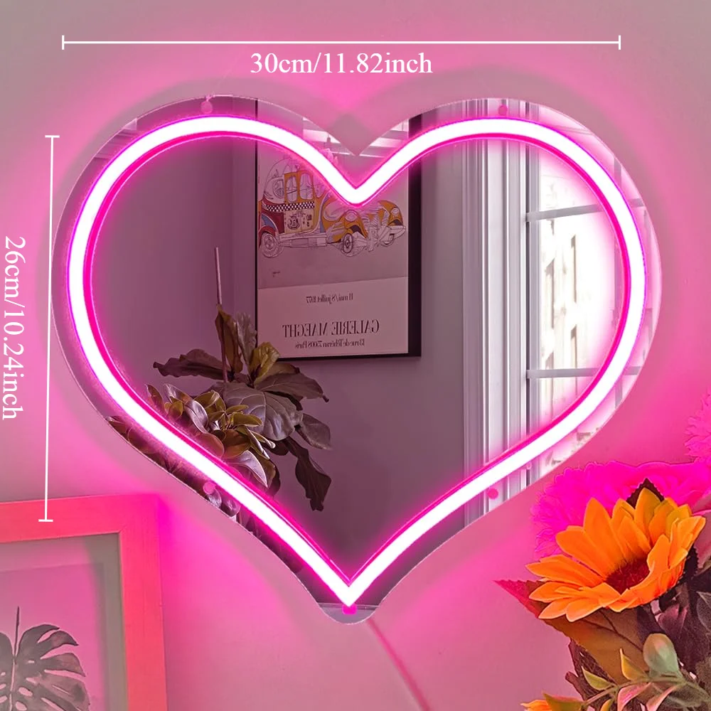 Mirror Heart Neon Sign for Wall Decor Dimmable USB Powered LED Night Light for Bedroom Salon Makeup Table Girl Room Decor Gifts