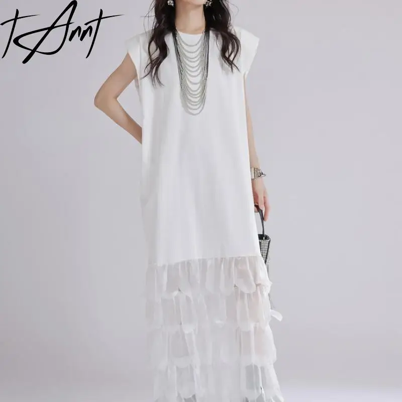 

Tannt Women Dress Feathers Patchwork Asymmetry Fashion Long Dresses Irregular Casual Summer Loose Women Dresses 2025 New
