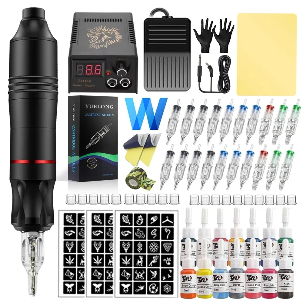 Professional Tattoo Machine Kit Rotary Tattoo Pen Set With Cartridges Needles Tattoo Gun Power Supply Complete Tattoo Kit