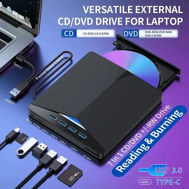 

7-in-1 USB 3.0 Type C External CD DVD Optical Drives Ultra-Slim Burner Recorder Reader Player Tray Type for PC Laptop Notebook