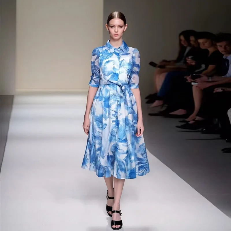 

Женское платье с отложным воротником и пуговицами с поясом и принтом Платье A-Link