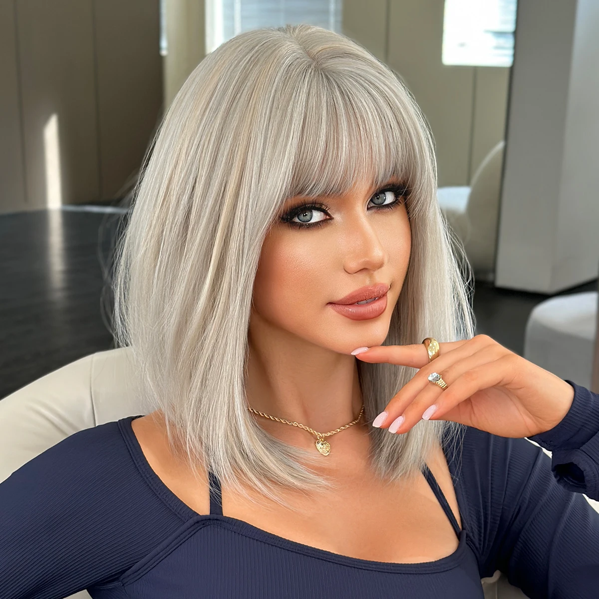 7JHH WIGS Shoulder Length Straight White Blonde Wig for Women High Density Synthetic Modest Fashion Beige Wigs with Neat Bangs