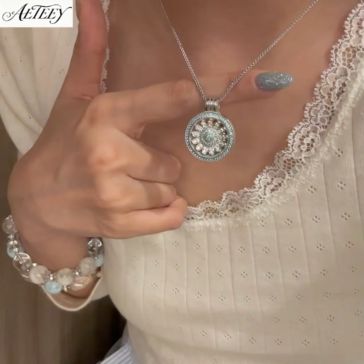 Women S925 Silver Brushed Mint Green Compass Necklace Double Sided Wear Luxury Niche Clavicle Jewelry