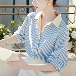 Korean Spring Autumn Women's 2024 New Patchwork Polo Collar Button Striped Fashion Loose Minimalist Casual Long Sleeved Shirts