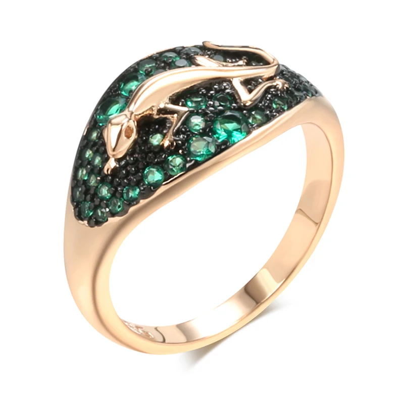 Kinel Hot Unique Green Natural Zircon Lizard Ring For Women 585 Rose Gold and Black Plating Vintage Animal Daily Punk Jewelry