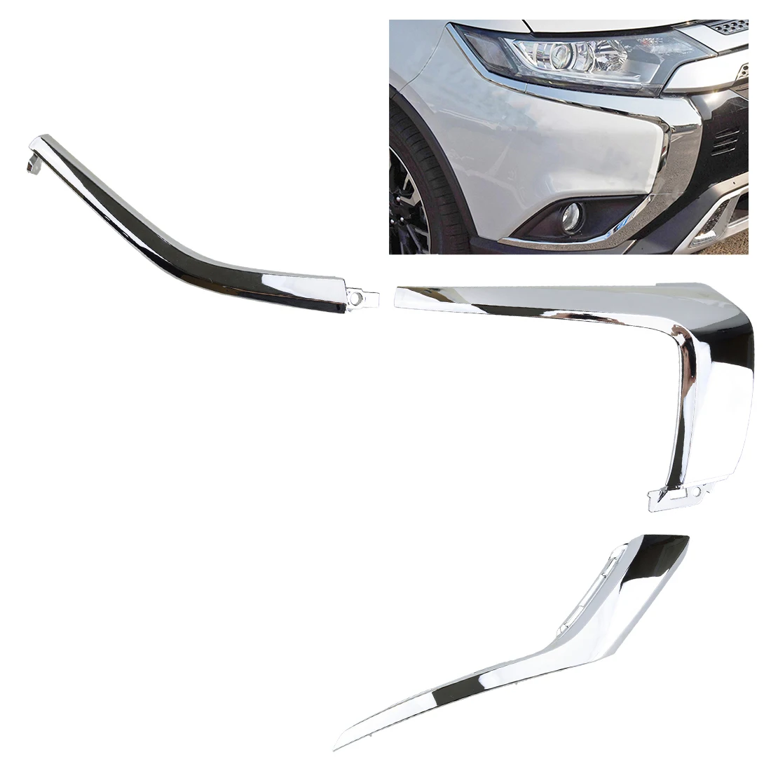 6407A142 6407A146 6407A144 3Pcs Front Right Chrome Bumper Cover Molding Trim Fit for Mitsubishi Outlander 2016 2017 2018 2019