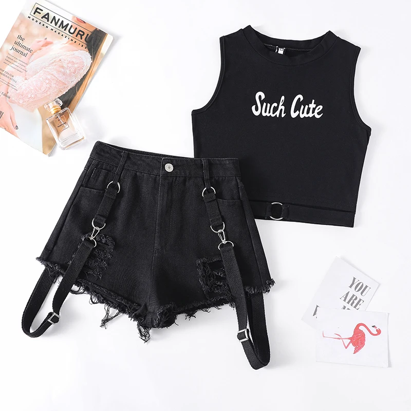 

Black Ripped Denim Shorts Women's Fashion Ribbon Straight Leg Pants Tight Fitting Vest Fringed High Waisted Ultra Short Pants