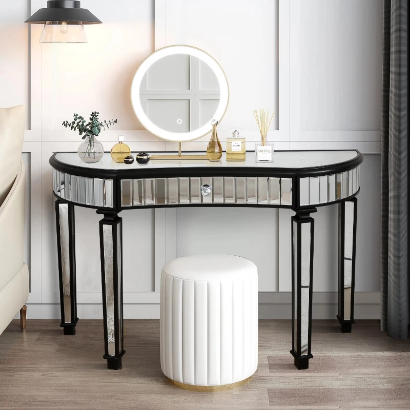 Half moon mirror porch table 47 inch groove glass crystal knob drawer silver porch dresser bedroom