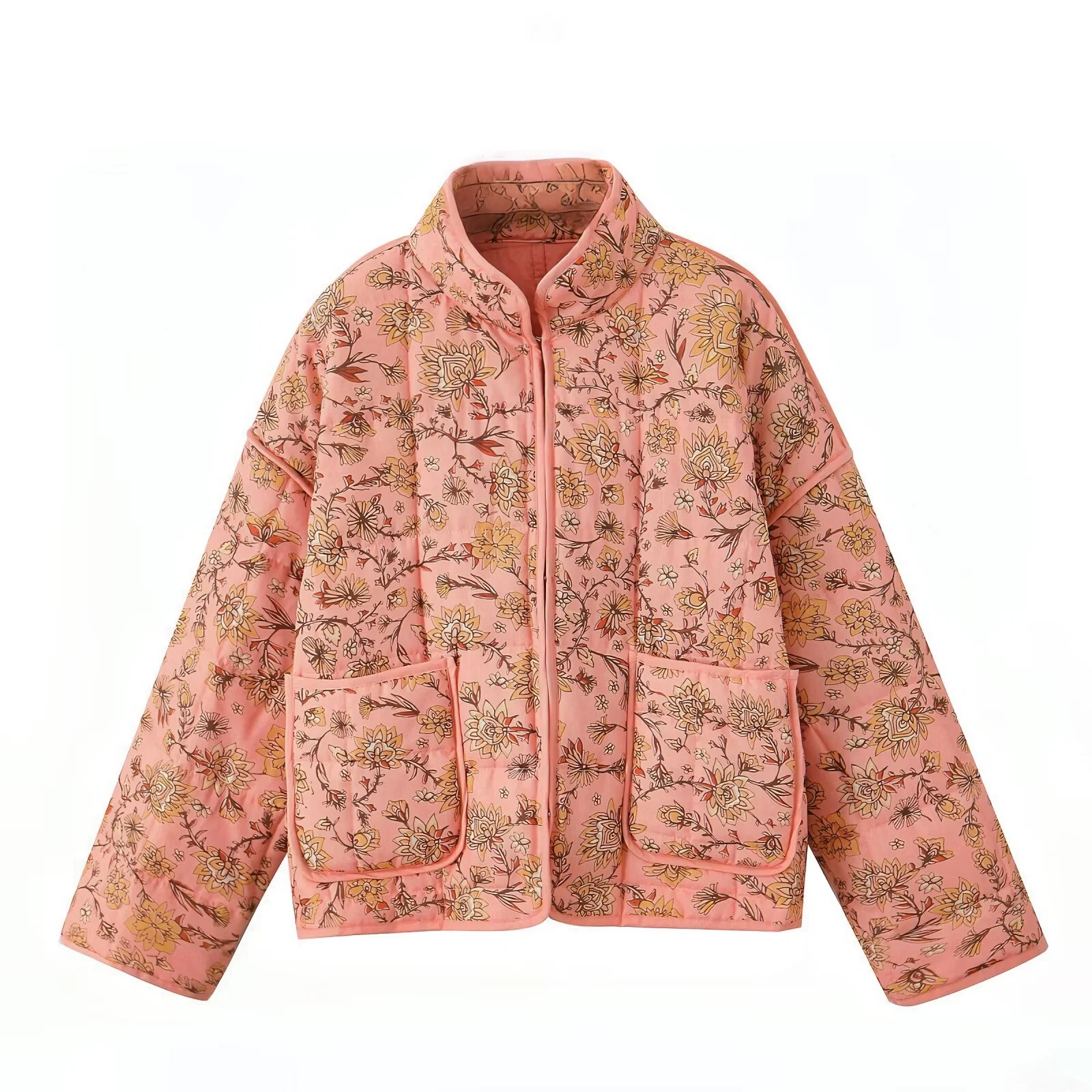 Autumn New Style American Retro Casual Floral Contrasting Color Cuff Design Cotton Coat Floral Cotton Jacket Short Jacket