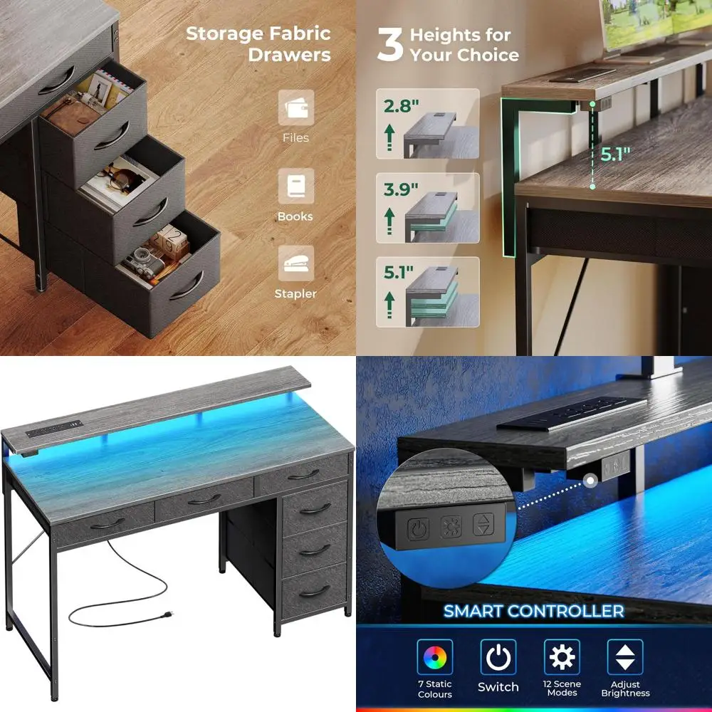 مكتب رمادي 39 مع 6 أدراج، LED وType-C، حامل شاشة، محطة عمل المكتب المنزلي