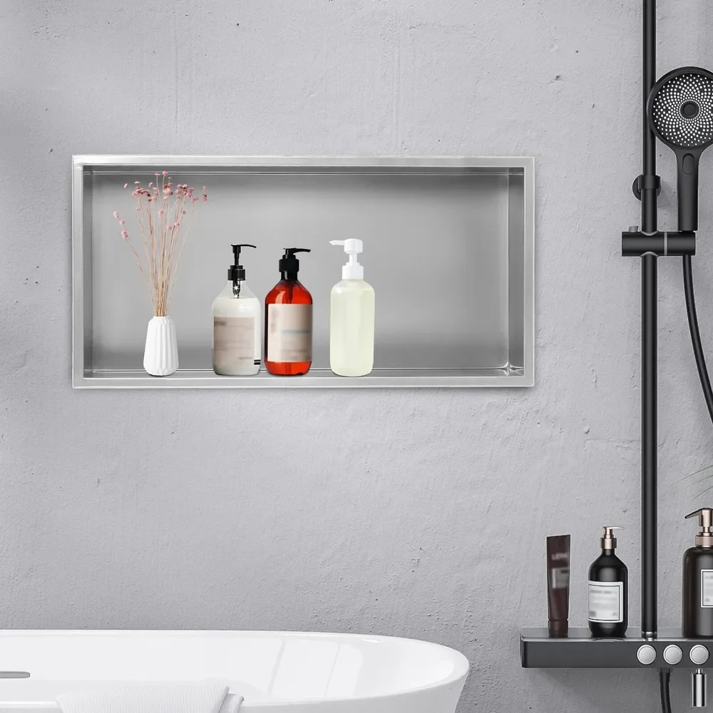 

12"x24" Shower Niche, Bathroom Stainless Steel Shower Shelf, Wall-Mounted Storage Shelf Silver Gray, Space-Saving