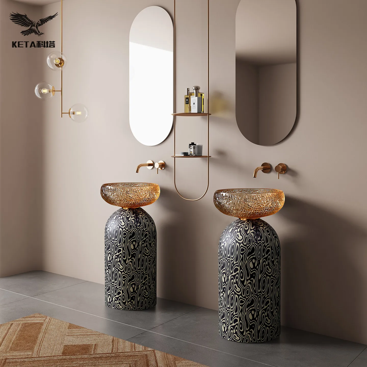 Italian Light Luxury Floor Column Basin Amber Ice Pattern Glass Black and White Pattern Cylinder Household Bathroom Washbasin