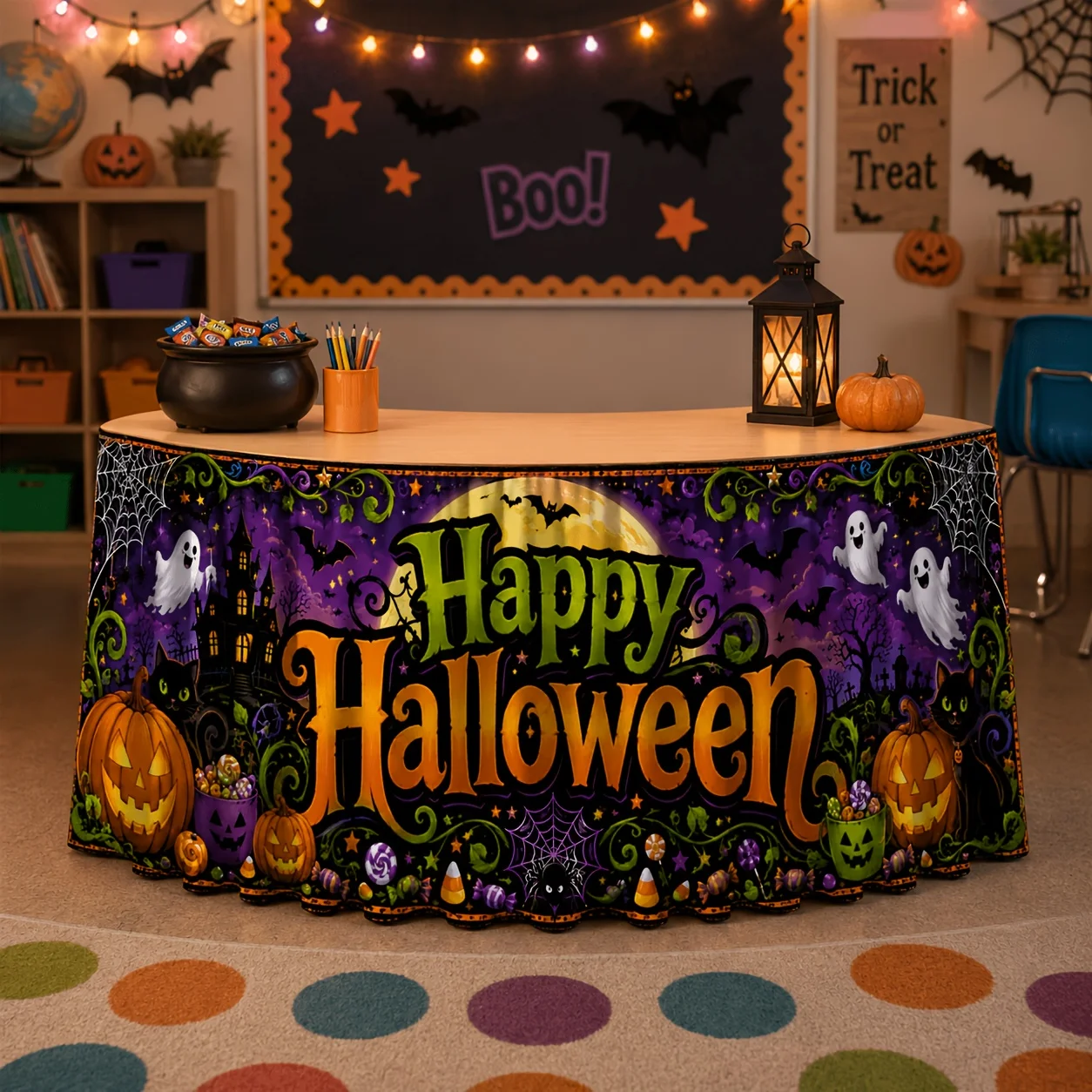 Pie a table skirt 1 piece, happy Halloween pumpkin print polyester table skirt, suitable for Halloween pie