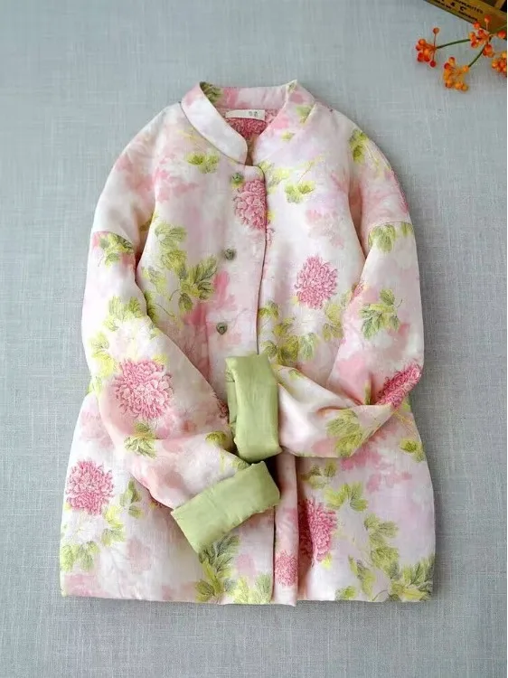 

Китайское женское хлопковое джатовое пальто с воротником-стойкой и принтом, двустороннее хлопковое теплое художественное ретро маленькое хлопковое пальто