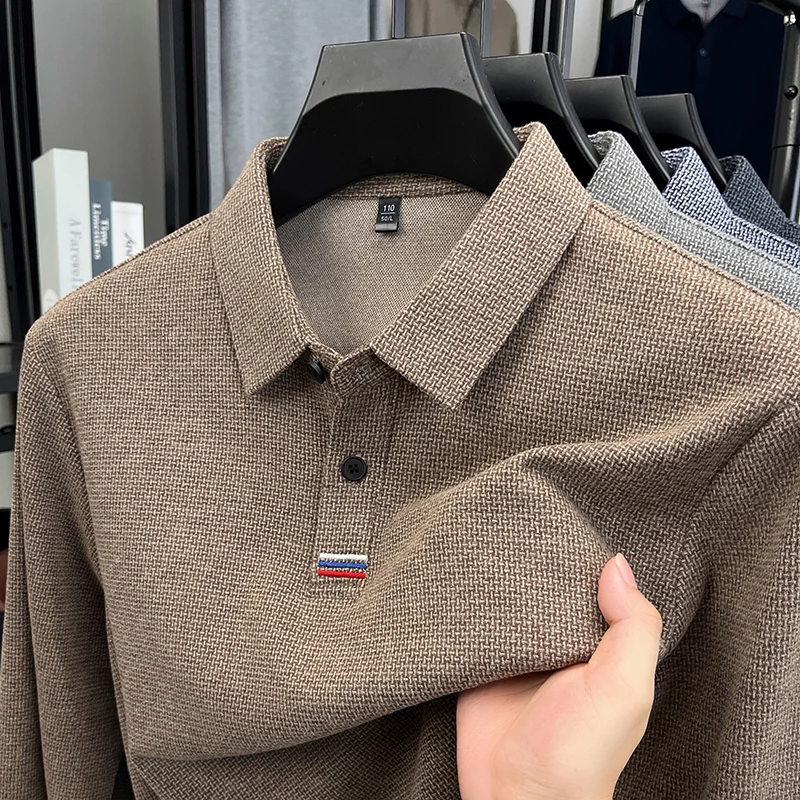2025 New Business Polo Shirt Spring and Autumn Men's Long Sleeve Solid Color Non Ironing High End Leisure Collar T-shirt