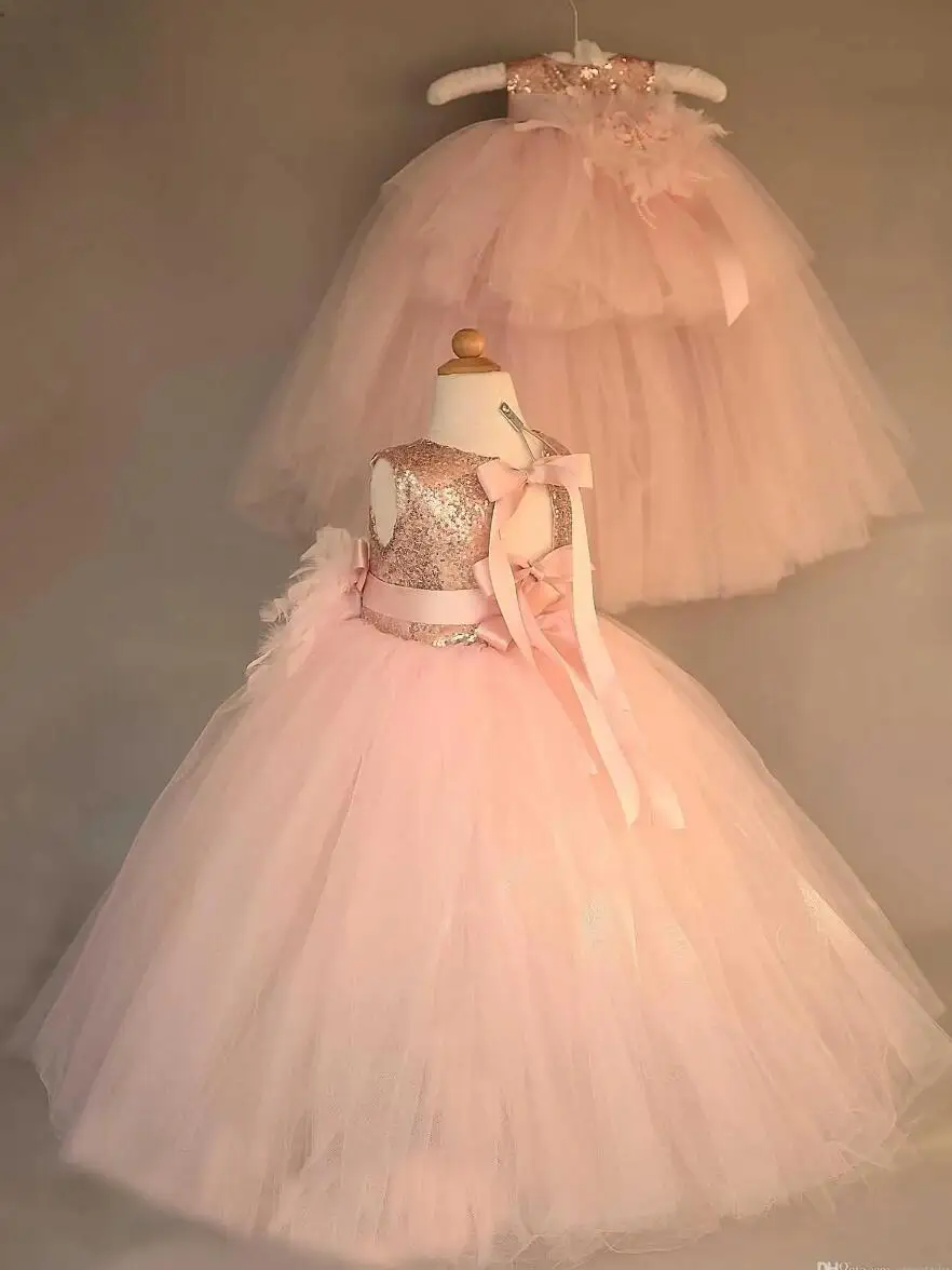 

Customized Pink Fluffy Baby Girl Dress Sparkling Children Wedding Bridesmaid Birthday Party First Communion Flower Girl Dress