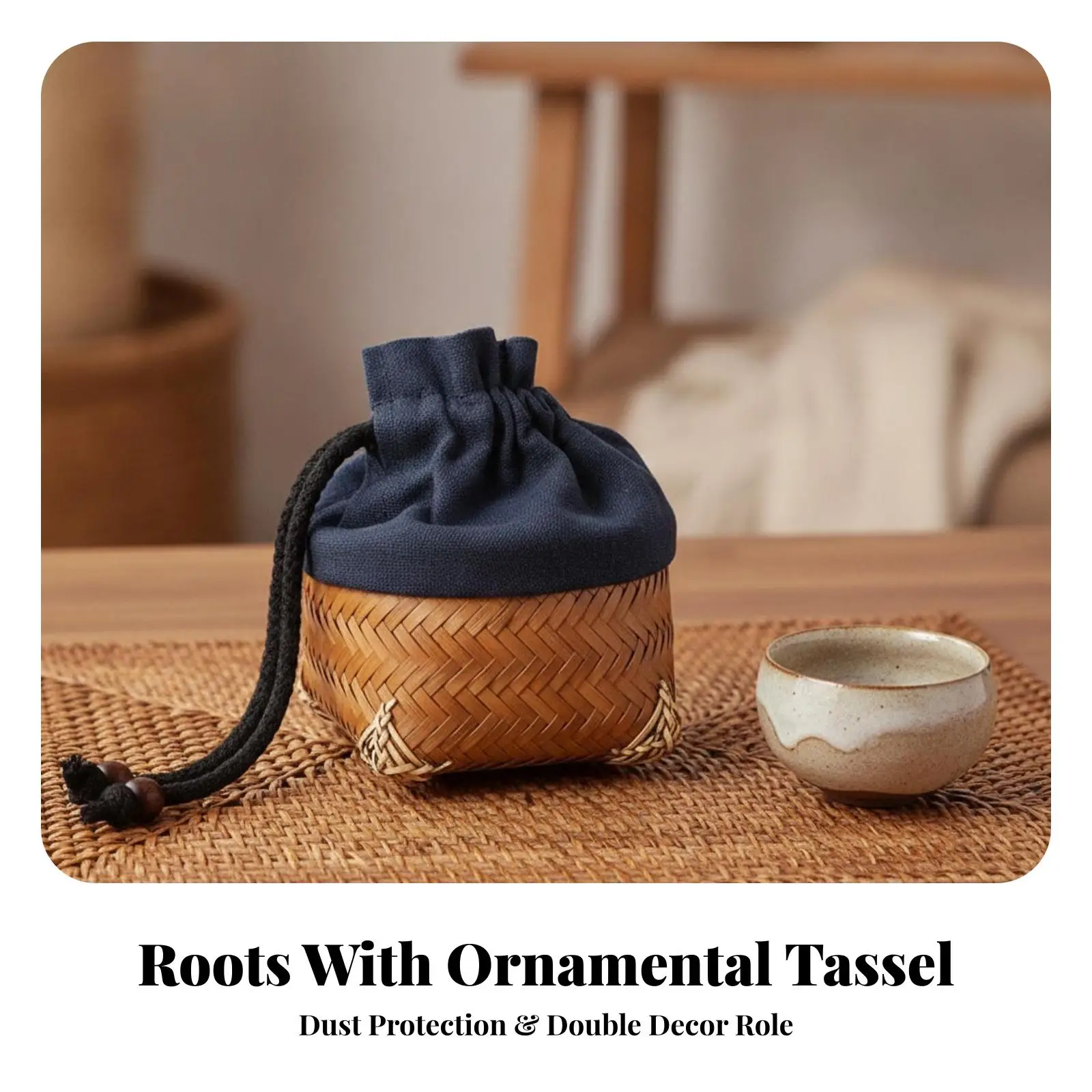 Handcrafted Drawstring Pouch Bamboo Tea Cup Holder Storage Bag with Cloth Top for Transport and Organizing