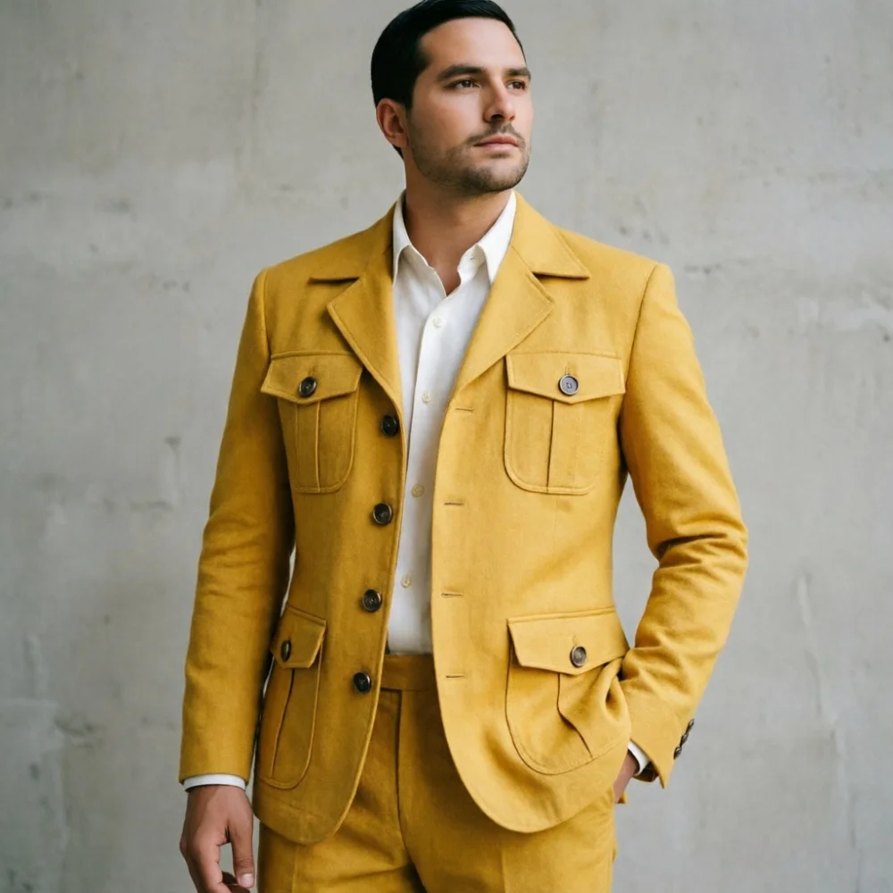 Safari Men Suits Luxury Retro Style Safari Blazer With Multiple Pockets Elegant Formal Suit For Wedding Prom Banquet Business