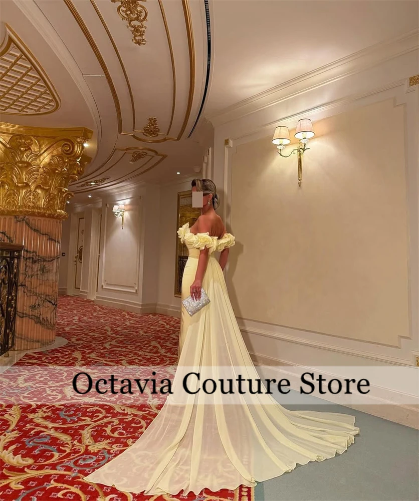 Dubai personalizado amarillo fuera del hombro vestido de noche volantes vestidos para ocasiones especiales con apliques de cola cremallera trasera فستان و