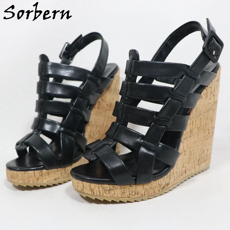 Sorbern Black Matte Wedge Sandals For Women waved Sole Multi Straps Slingback Cork Platform Summer Shoes Custom Multi Colors