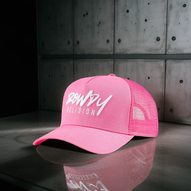 

Wholesale Custom Hot selling summer Unisex Trucker Cap 5 panel Pink Mesh Hat With Custom Raised 3D Logo and Inner Woven Label