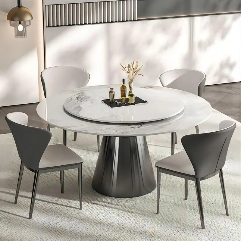 Italian minimalist rock slab round dining table with turntable light luxury home Pandora restaurant modern simplicity