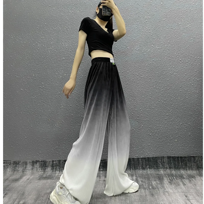 

Women Bottoms Vintage Black Tie Dye Casual Pants High Waist Wide Leg Straight Pants Fashion Street Baggy Bind Feet Trouser Ladie