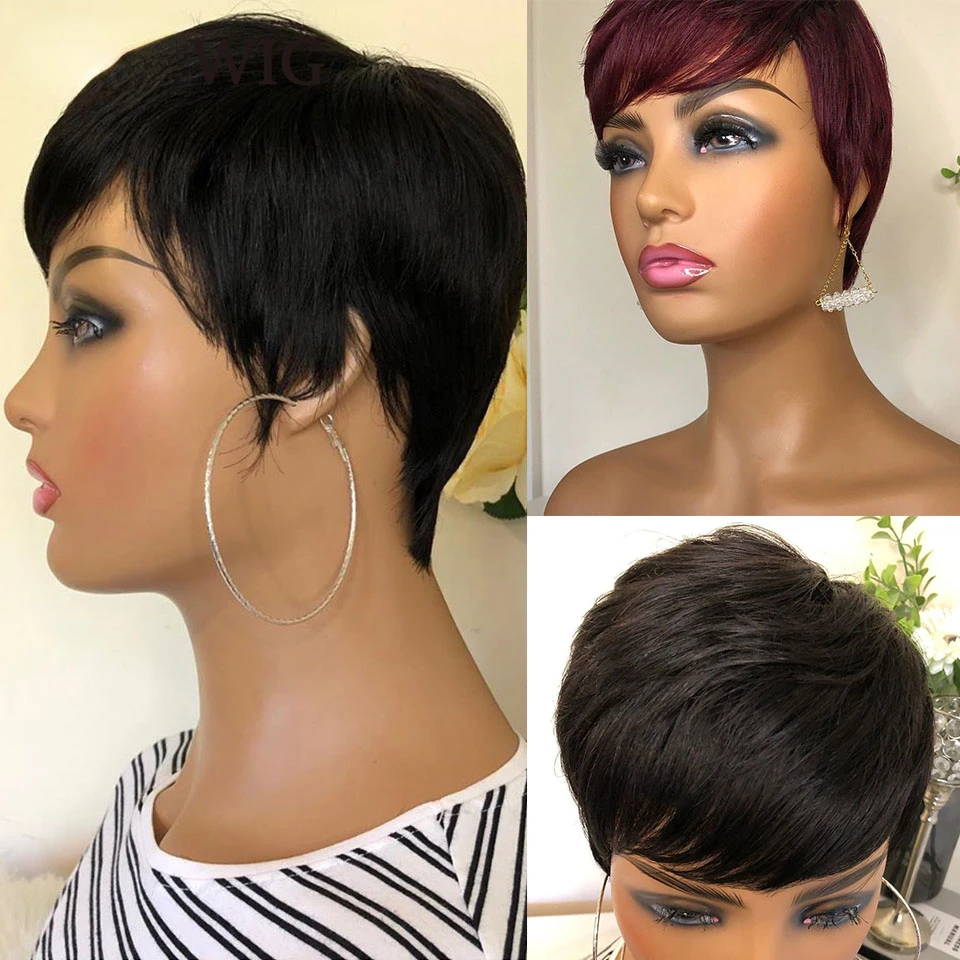 

Short Straight Human Hair Wig Pixie Cut Remy Hair Human Hair Wigs With Bangs Wig Full Machine Made Wig