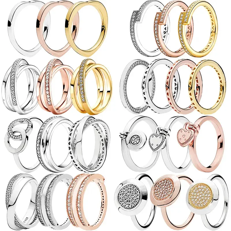 Anillos superpuestos de circonita cúbica transparente con logotipo pavimentado de corazón de oro rosa de Plata de Ley 925 para mujer, regalo de joyería de boda de aniversario