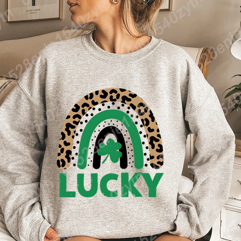 

St Patrick's Day Rainbow Clover Lucky Sweatshirt Women Autumn And Winter Casual Sports Tops Ladies Round Neck Hoodeless Pullover