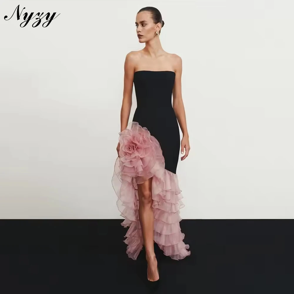 

NYZY P339 Customized Strapless Sheath Floral Prom Dresses Organza Ruffles High Low Party Dress Evening Gowns 2025